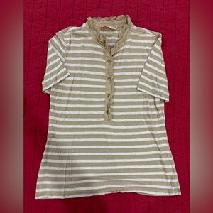 Tory Burch tan and white striped ruffle collar shirt. Size large.